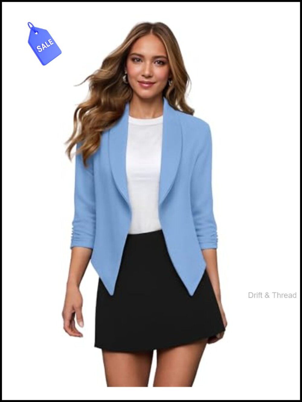 Womens Open Front Blazer Ruched Sleeve Lightweight Professional Work